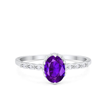 Oval Art Style Engagement Ring Simulated Amethyst CZ 925 Sterling Silver